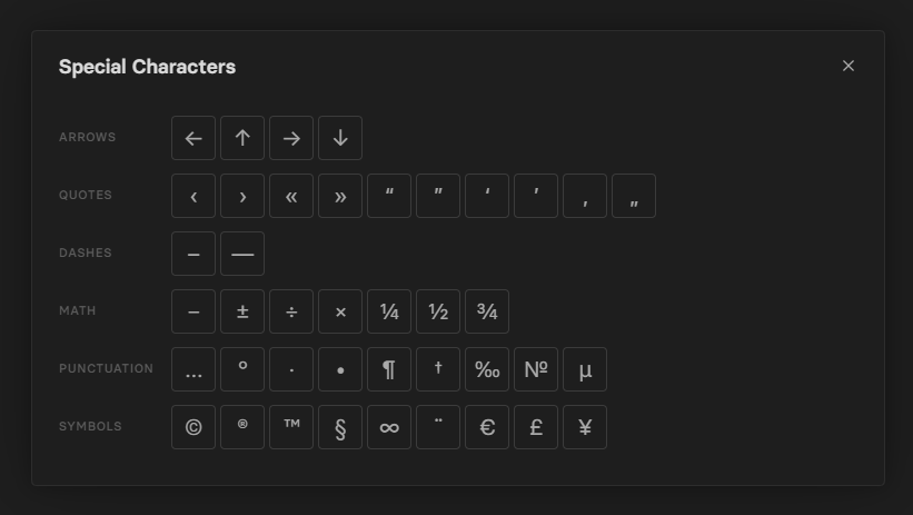 Special Characters modal